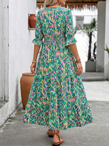 Boho Floral V Neck Maxi Dress