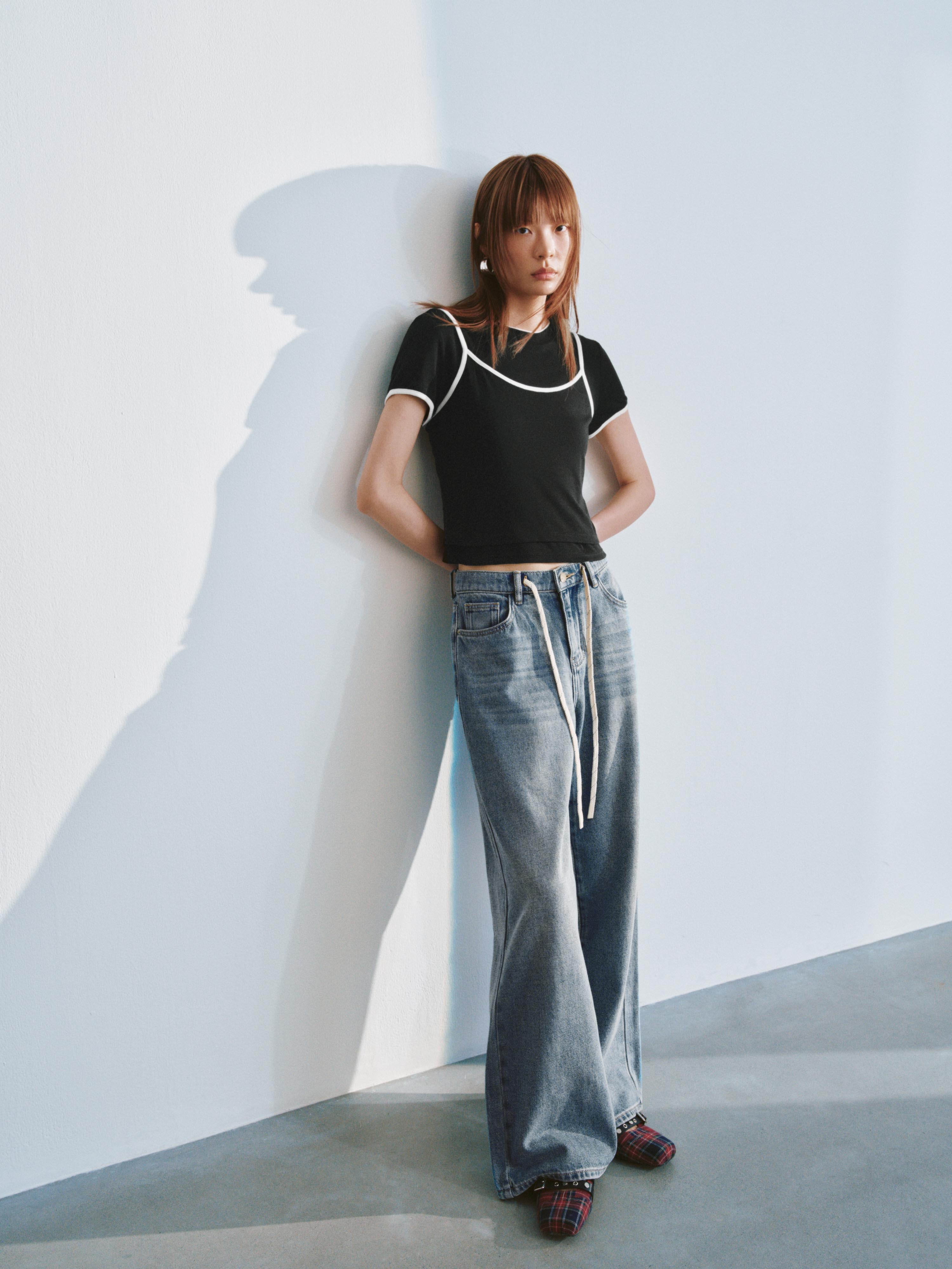 2 In 1 Contrast Skinny-Fit T-Shirts