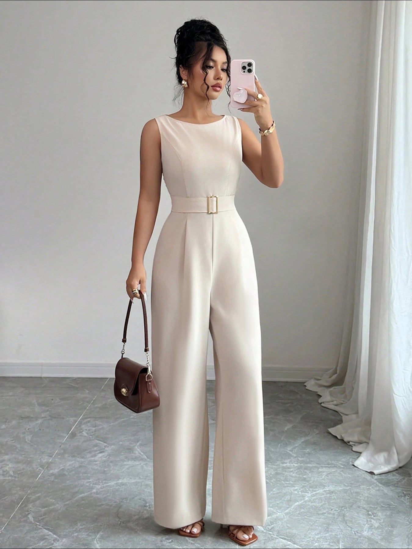 Sleeveless Belted Wide-Leg Modern Jumpsuit-Apricot