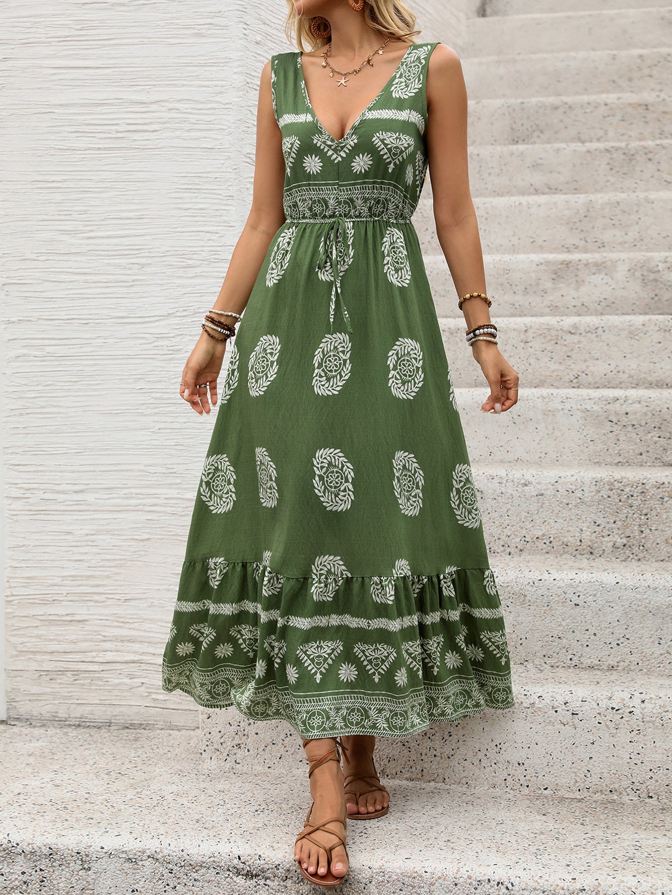V Neck Tiered Bohemian Midi Dress
