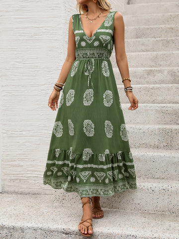 V Neck Tiered Bohemian Midi Dress