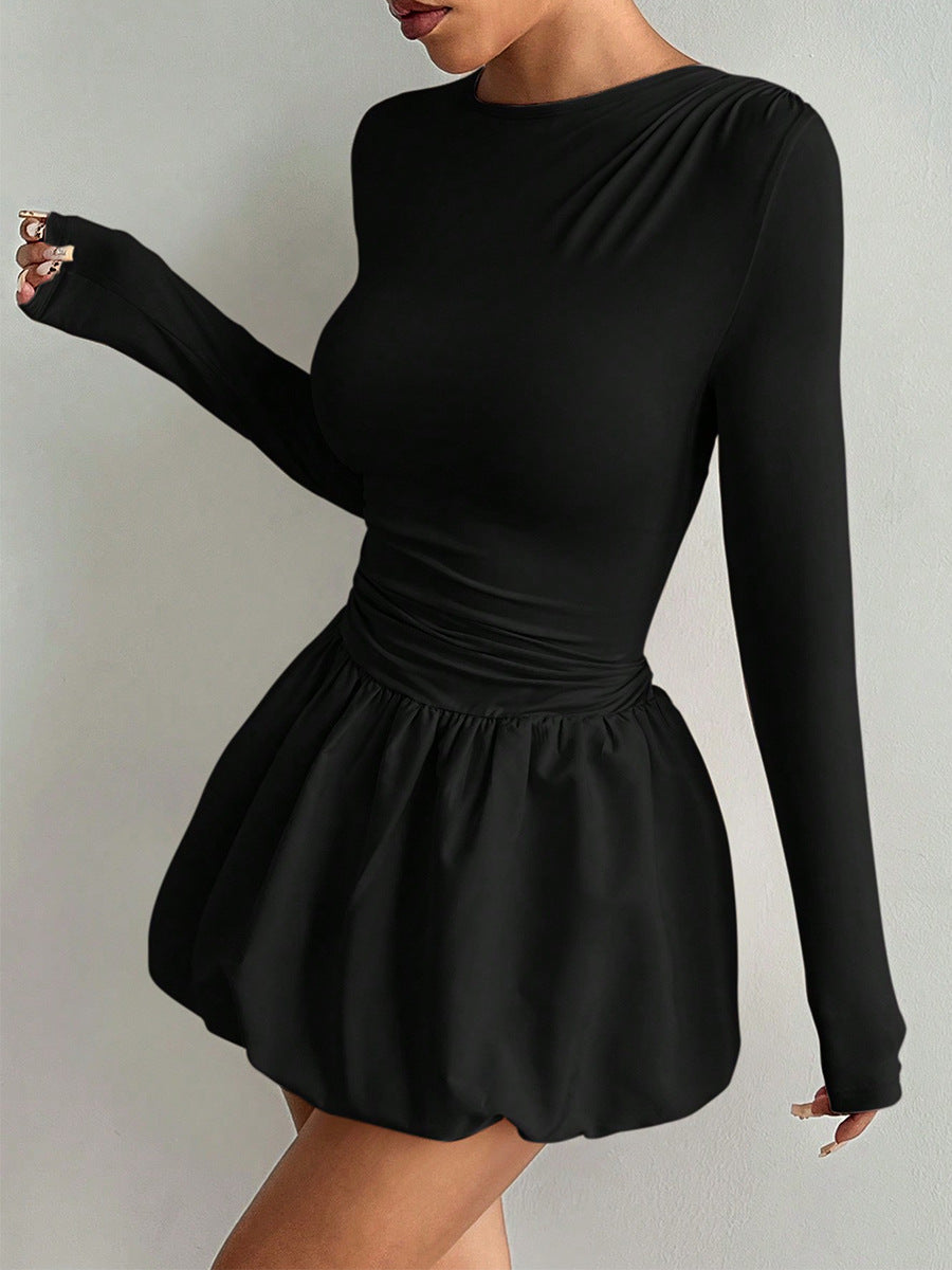 Long Sleeve Fitted Puff-Hem Gown Mini Dress-Black