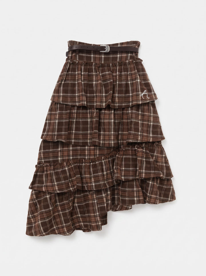 Plaid Ruffled Asymmetrical Tiered Skirt