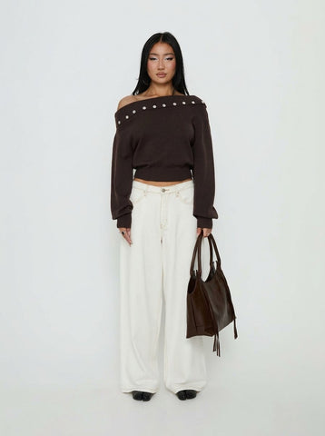 Button Trim Off Shoulder Sweater