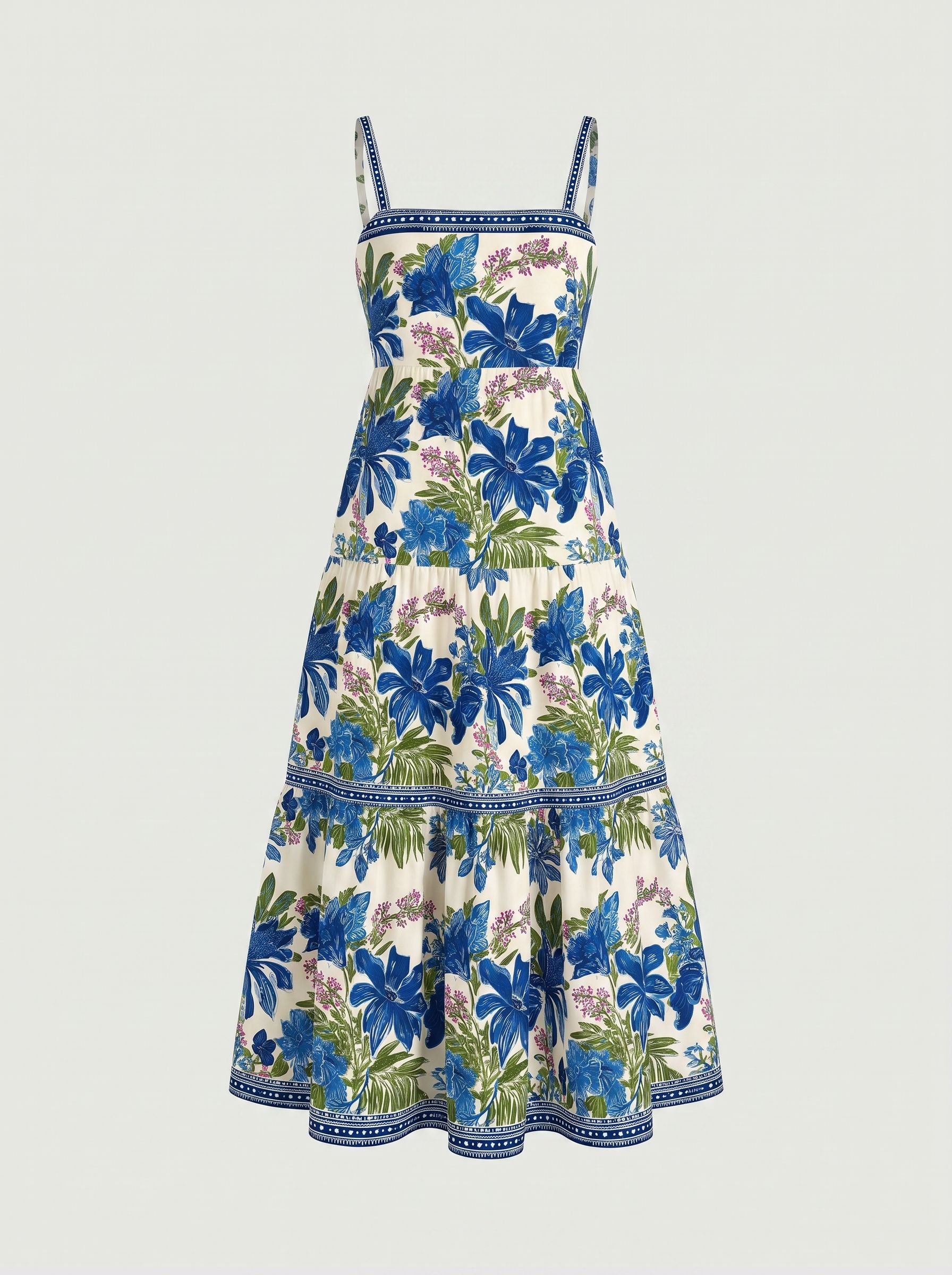 FLORA Floral Print Tiered Strap Midi Dress