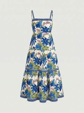 FLORA Floral Print Tiered Strap Midi Dress