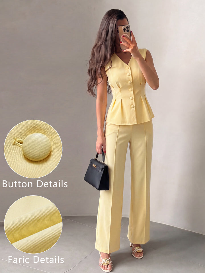 Elegant Peplum Button Vest Pant Set
