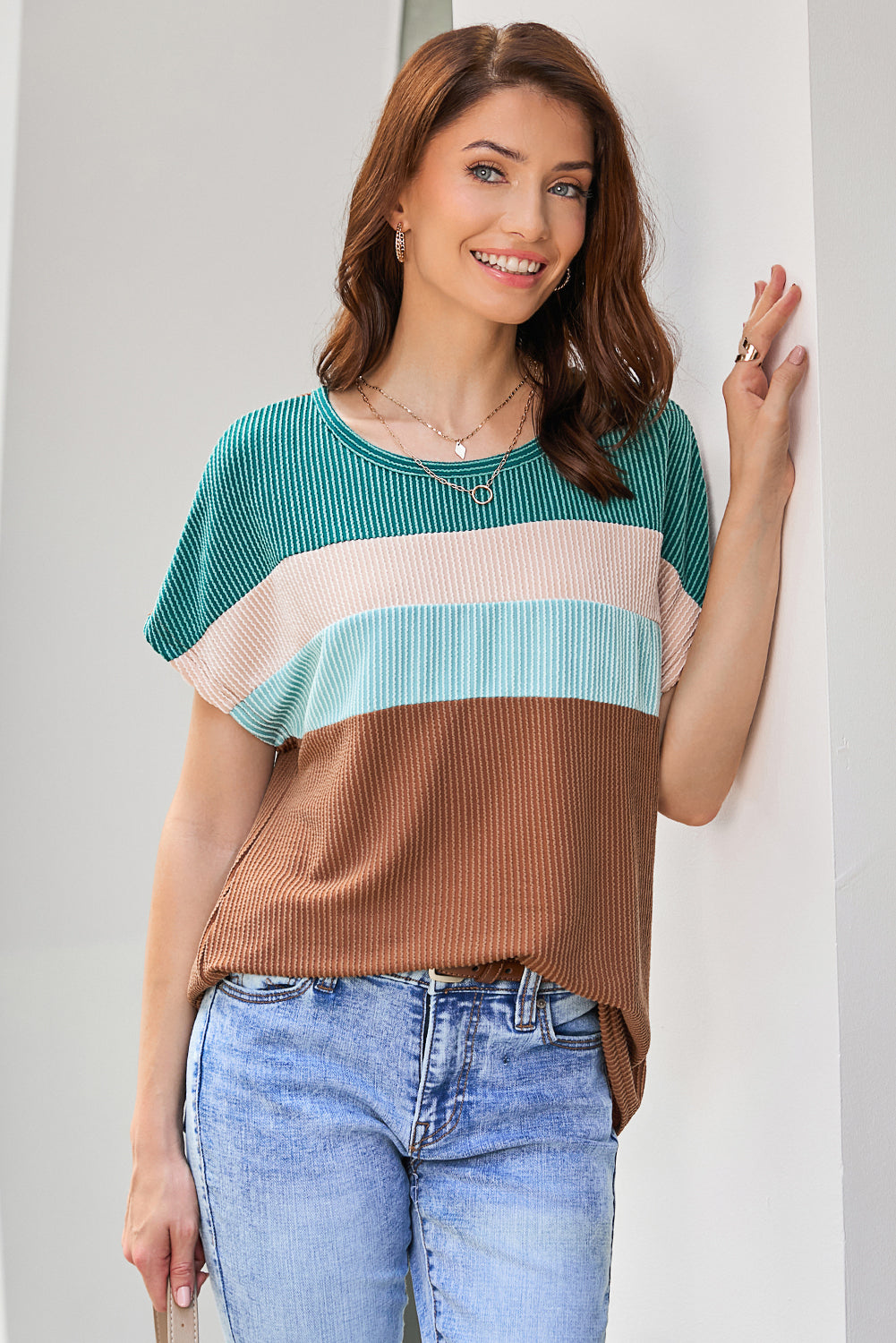 Colorblock Ribbed Knit Casual T-Shirt