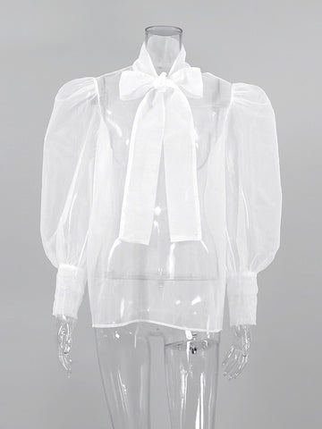Sheer Puffy Sleeve Bow Blouse