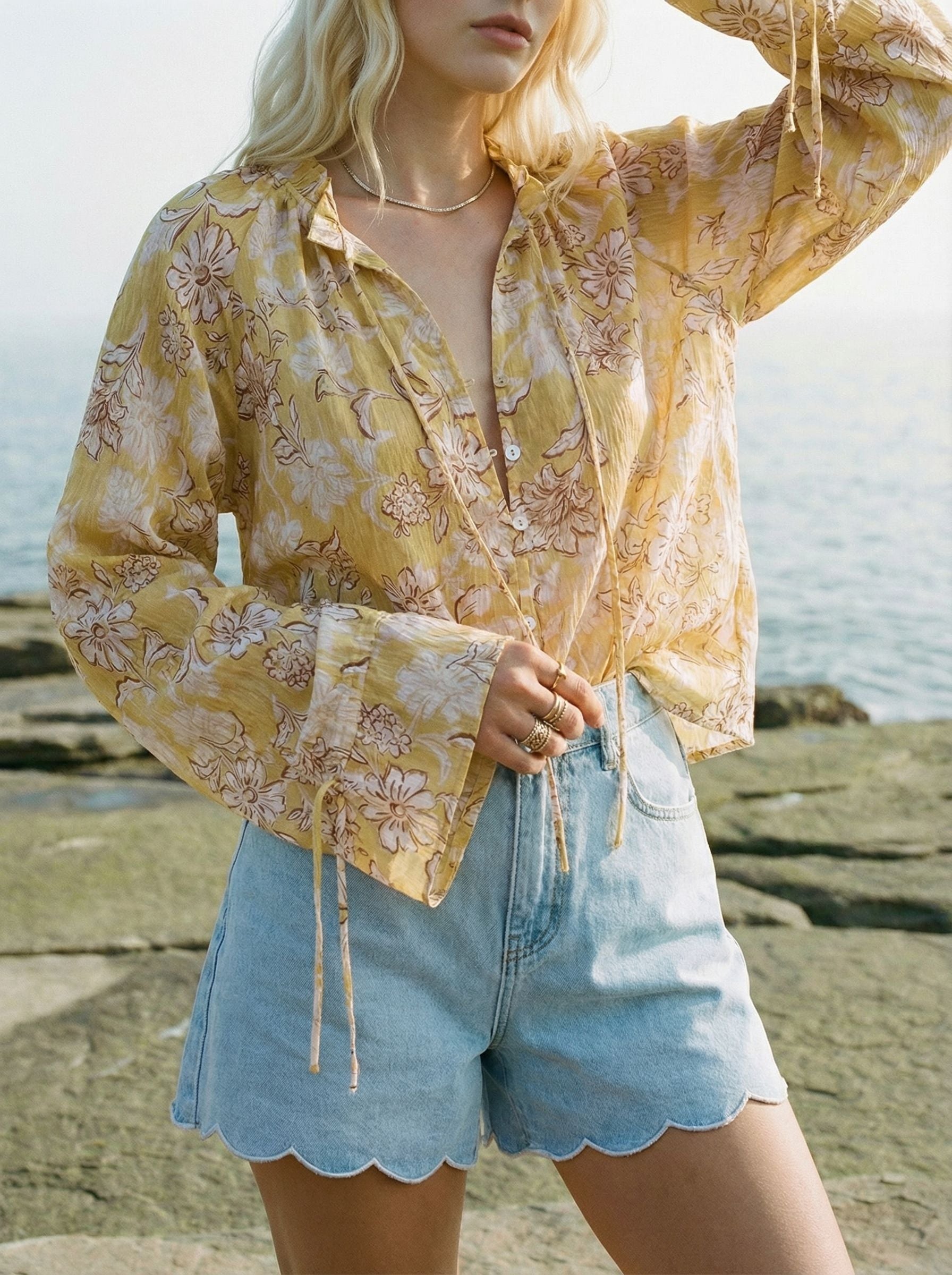 Floral Print V Neck Drawstrin Detail Bohemian Blouse-Yellow