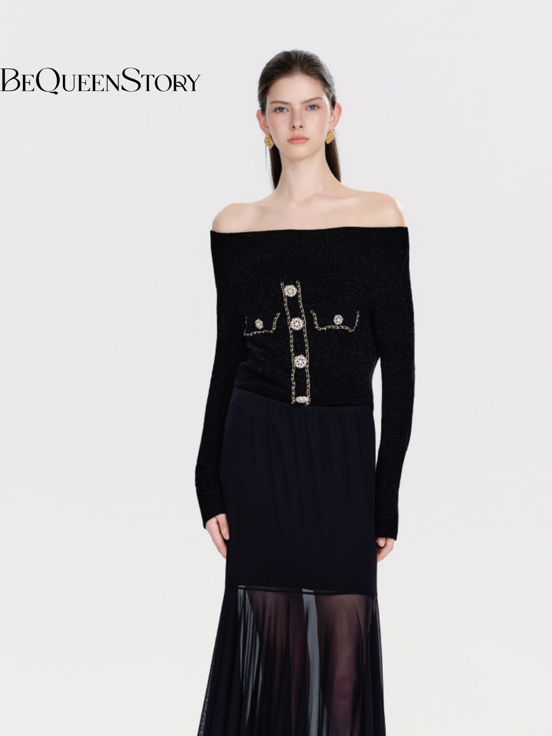 Off Shoulder Embellished Knit Sweater