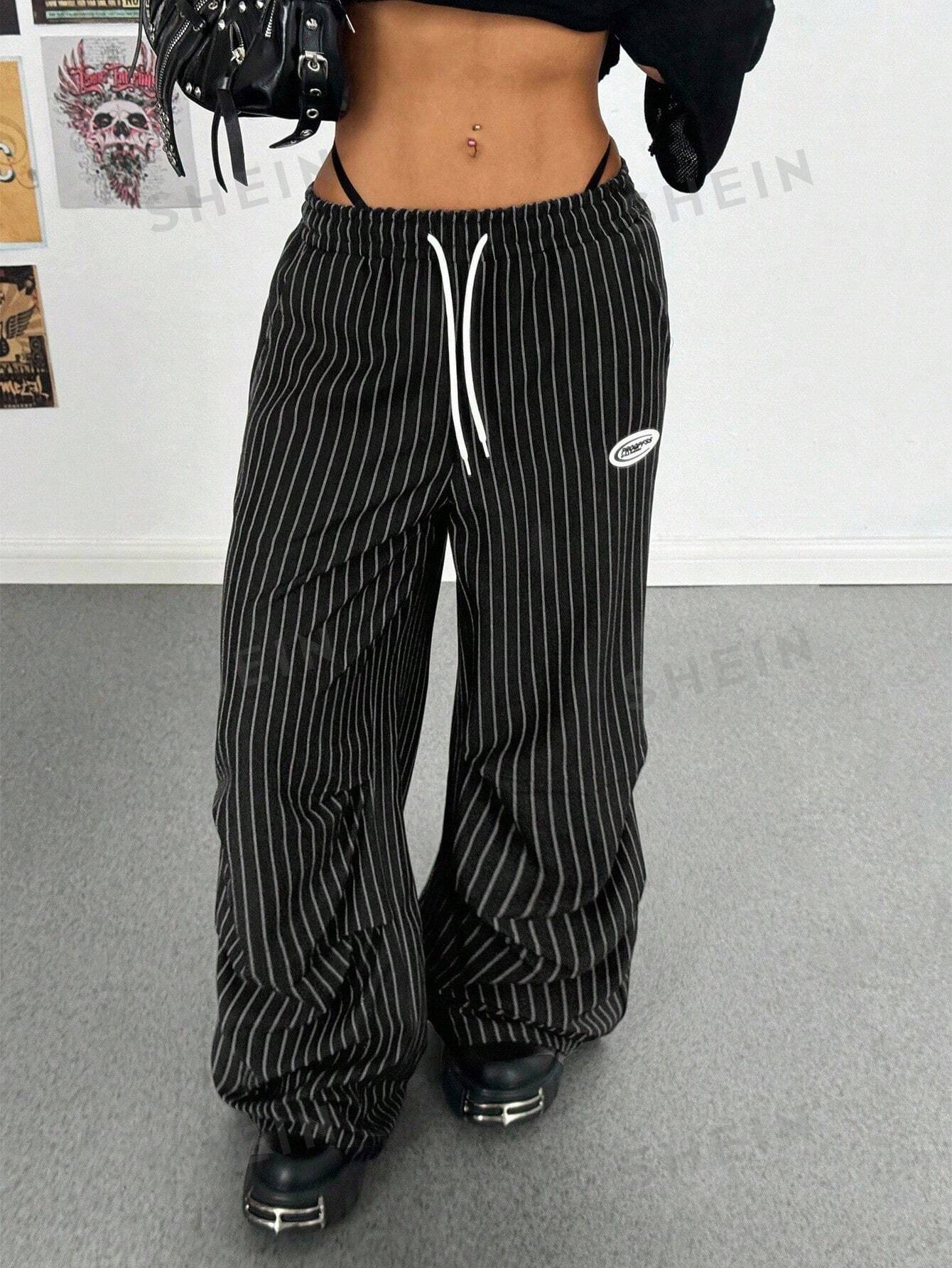 Pinstripe Drawstring Baggy Wide Leg Pants