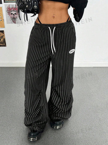 Pinstripe Drawstring Baggy Wide Leg Pants