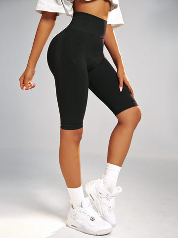 High-Waisted Compression Athletic Yoga Shorts-Black