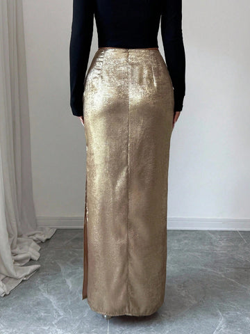 Metallic Ruched High Slit Maxi Skirt
