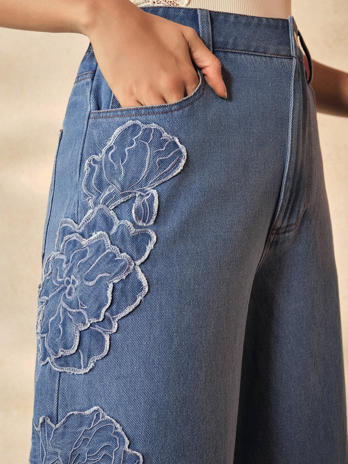 Embroidered High Waisted Wide Leg Jeans