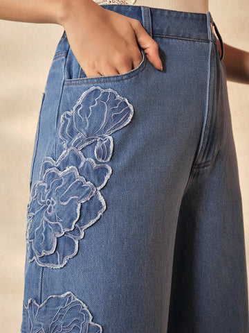 Embroidered High Waisted Wide Leg Jeans