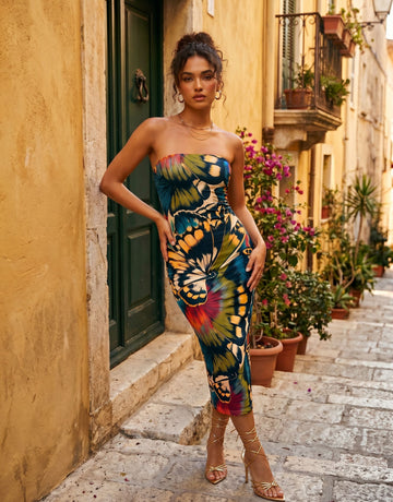 MAIA Floral Print Strapless Sheath Midi Dress