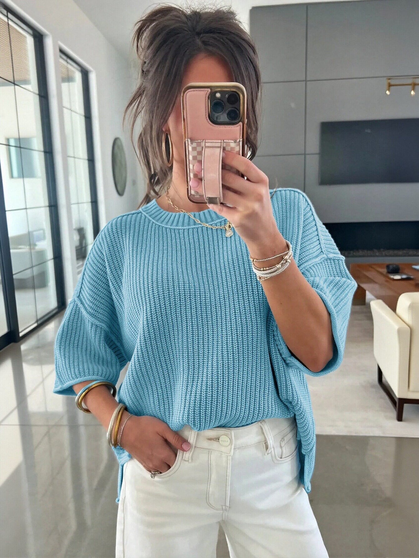 Oversized Ribbed Knit Short Sleeve Sweater