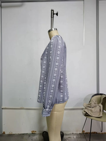 Floral Embroidered Ruffle Neck Button Shirt