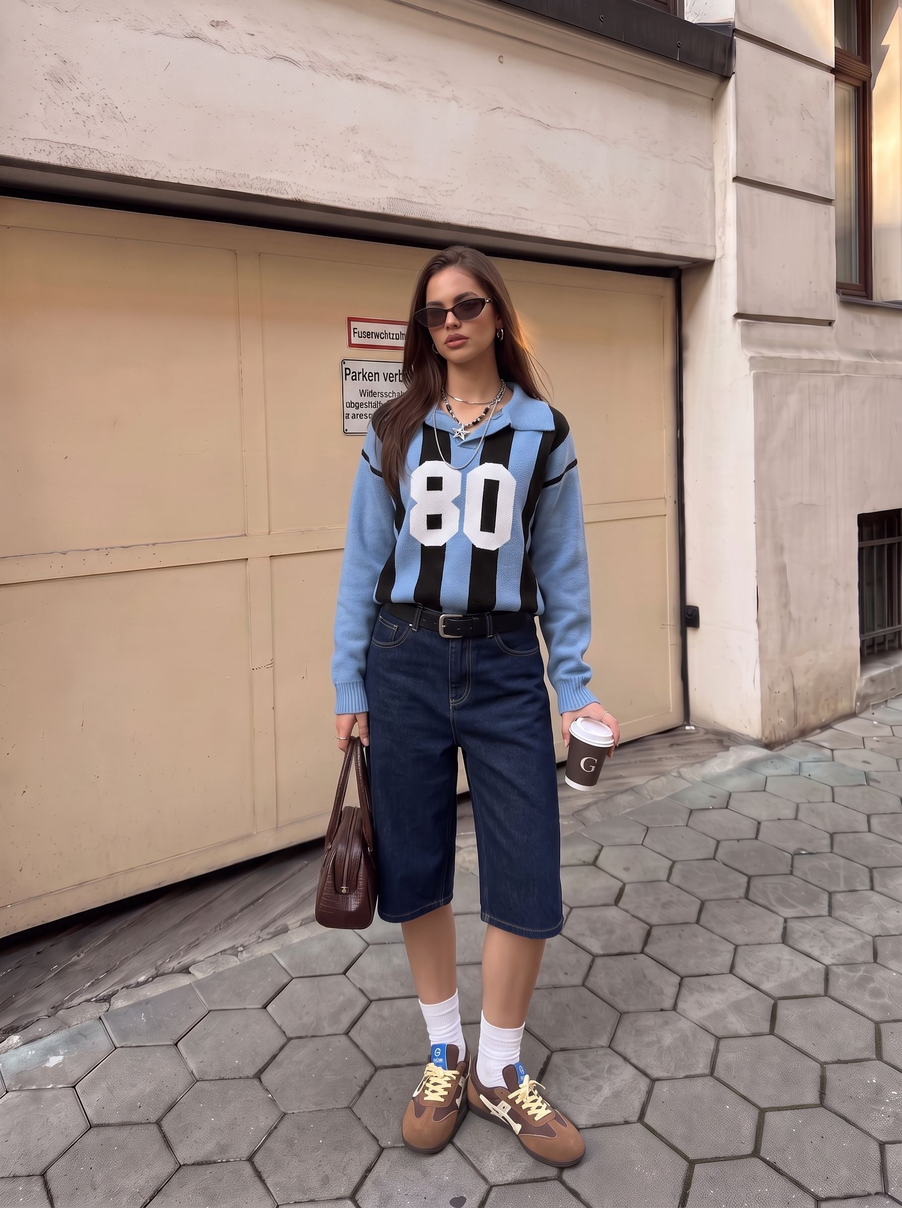 Oversized Sporty Striped Graphic Knit Sweater