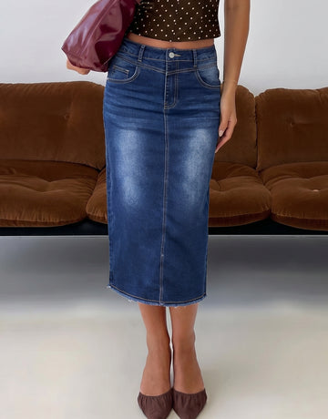 High Rise Raw Hem Denim Skirt