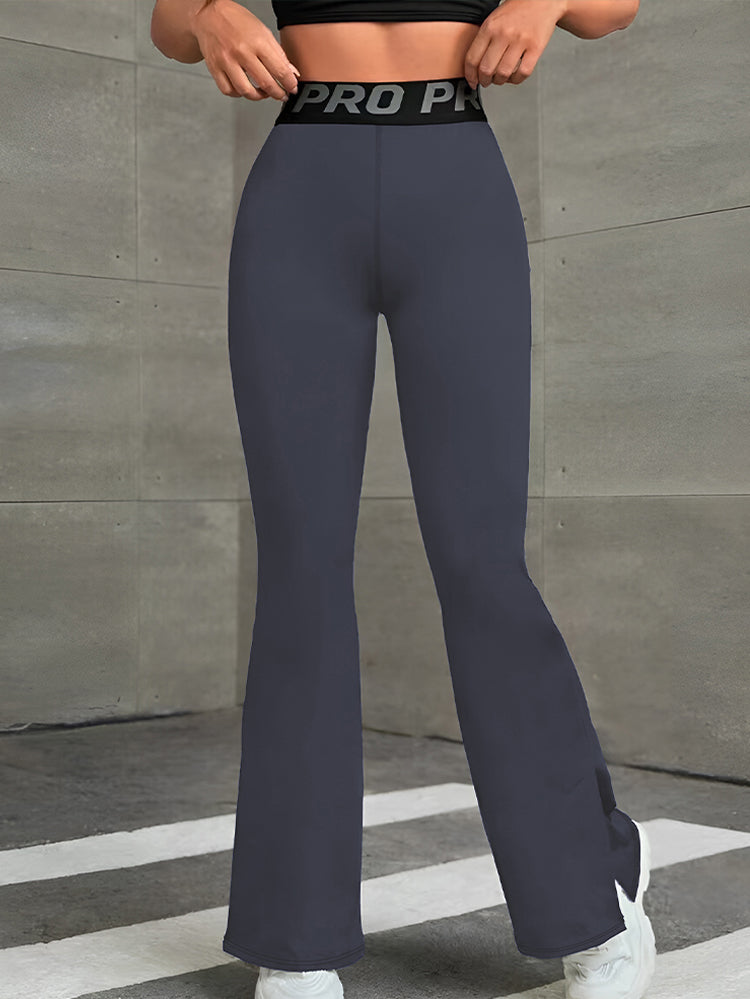 Lettered Waistband Wide-Leg Split-Hem Paneled Yoga Pants-Black
