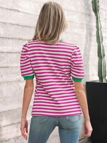 Striped Pattern Puff Sleeve T-Shirt