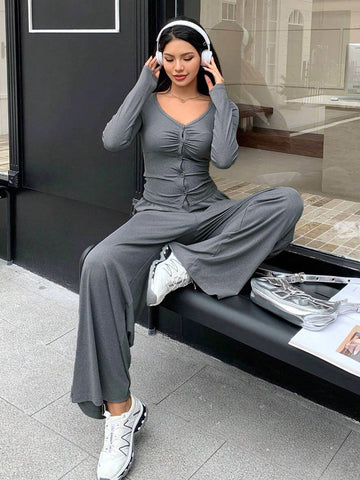 Ruched Button Up Lounge Pants Set