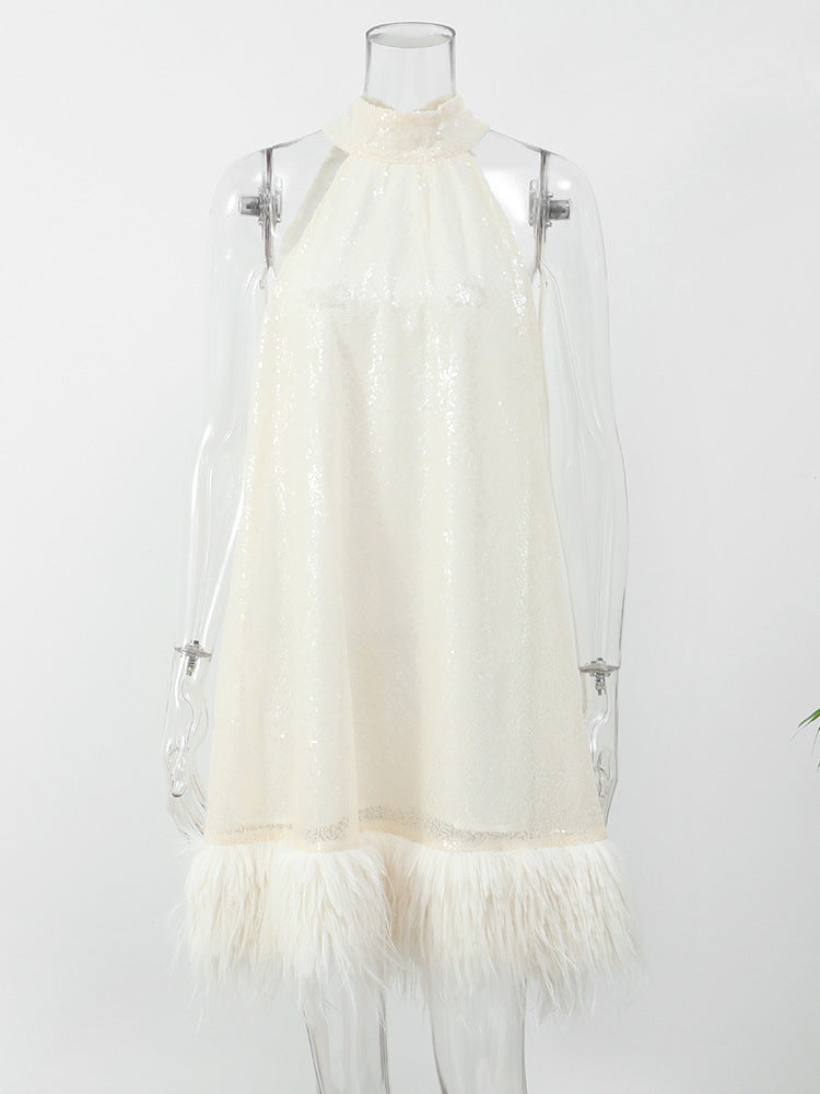 Sparkly Feather Trim Mini Dress