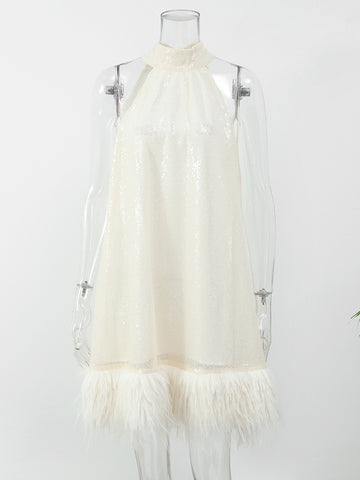 Sparkly Feather Trim Mini Dress