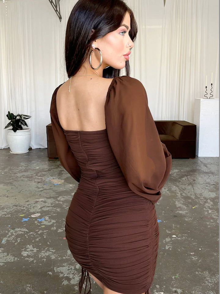 Sheer Sleeve Ruched Mini Dress