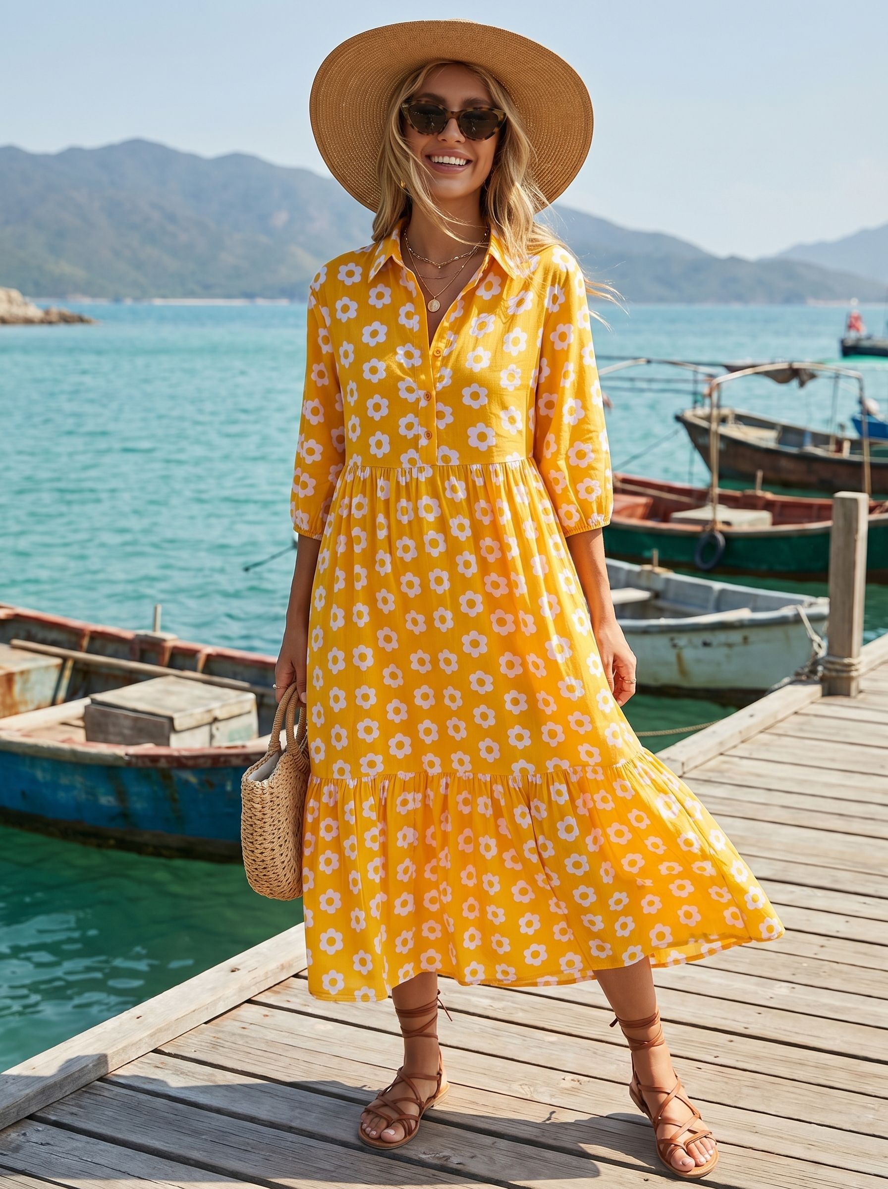 Yellow Floral Button Down Midi Dress