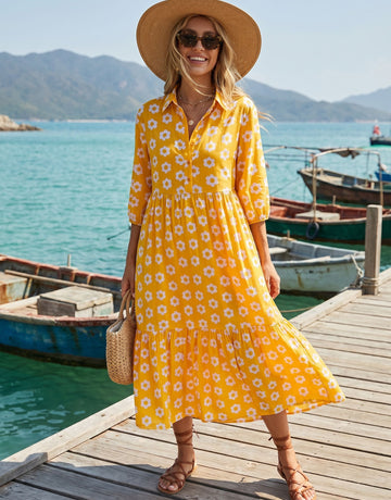 Yellow Floral Button Down Midi Dress