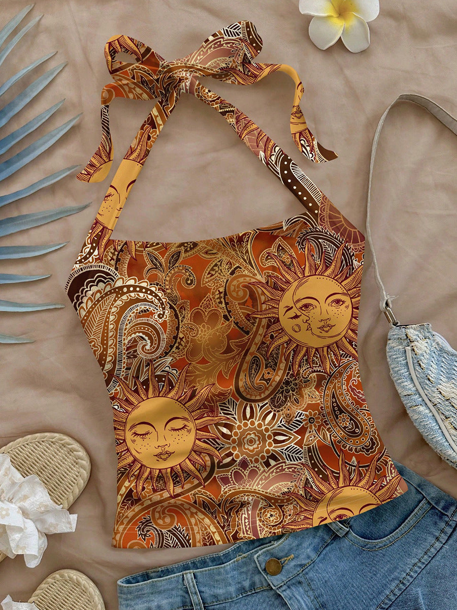 Boho Sun Print Halter Tank Top