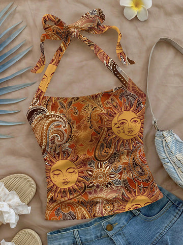 Boho Sun Print Halter Tank Top