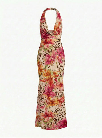 Floral Print Cowl Neck Bodycon Maxi Dress