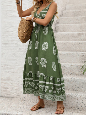 V Neck Tiered Bohemian Midi Dress