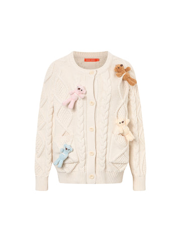 Cute Bear Applique Cable Knit Cardigan