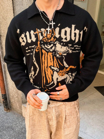 Oversized Graphic Polo Knit Sweater
