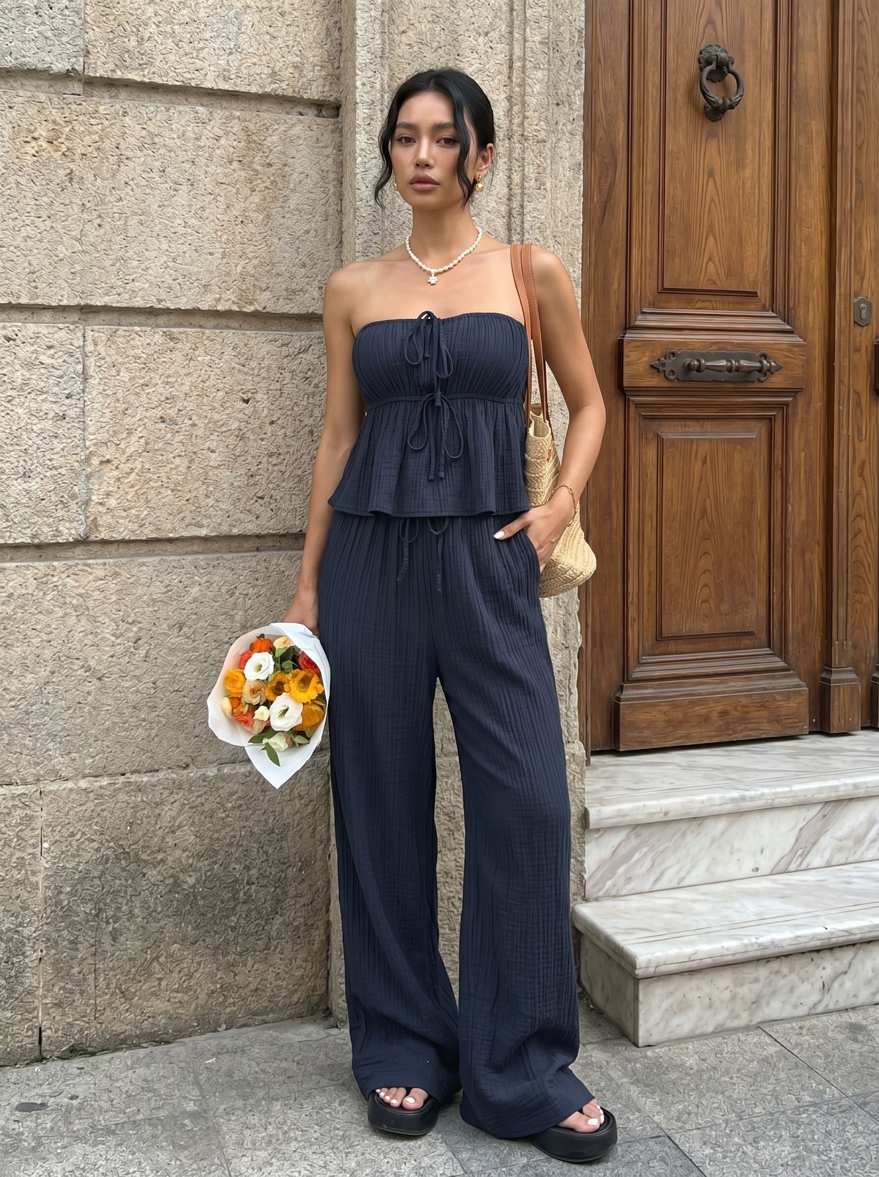 Strapless Gauze Wide Leg Pant Set