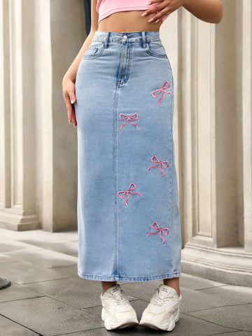 Embroidered Bow High Waisted Denim Skirt