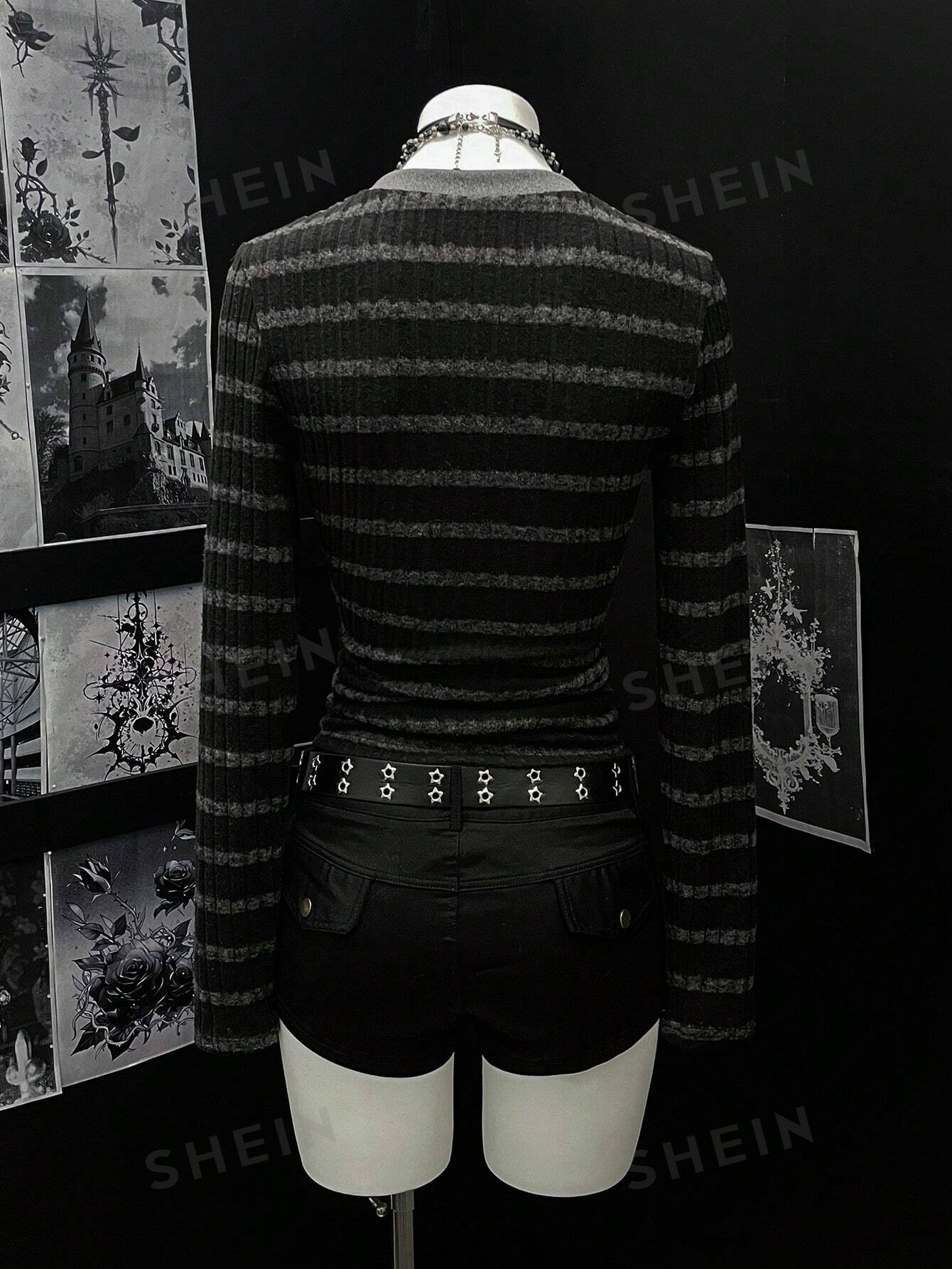 Goth Striped V Neck Long Sleeve Tee