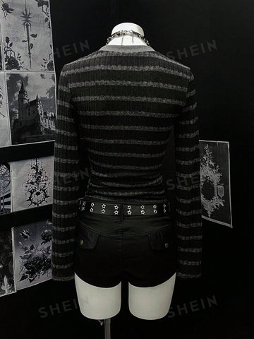 Goth Striped V Neck Long Sleeve Tee