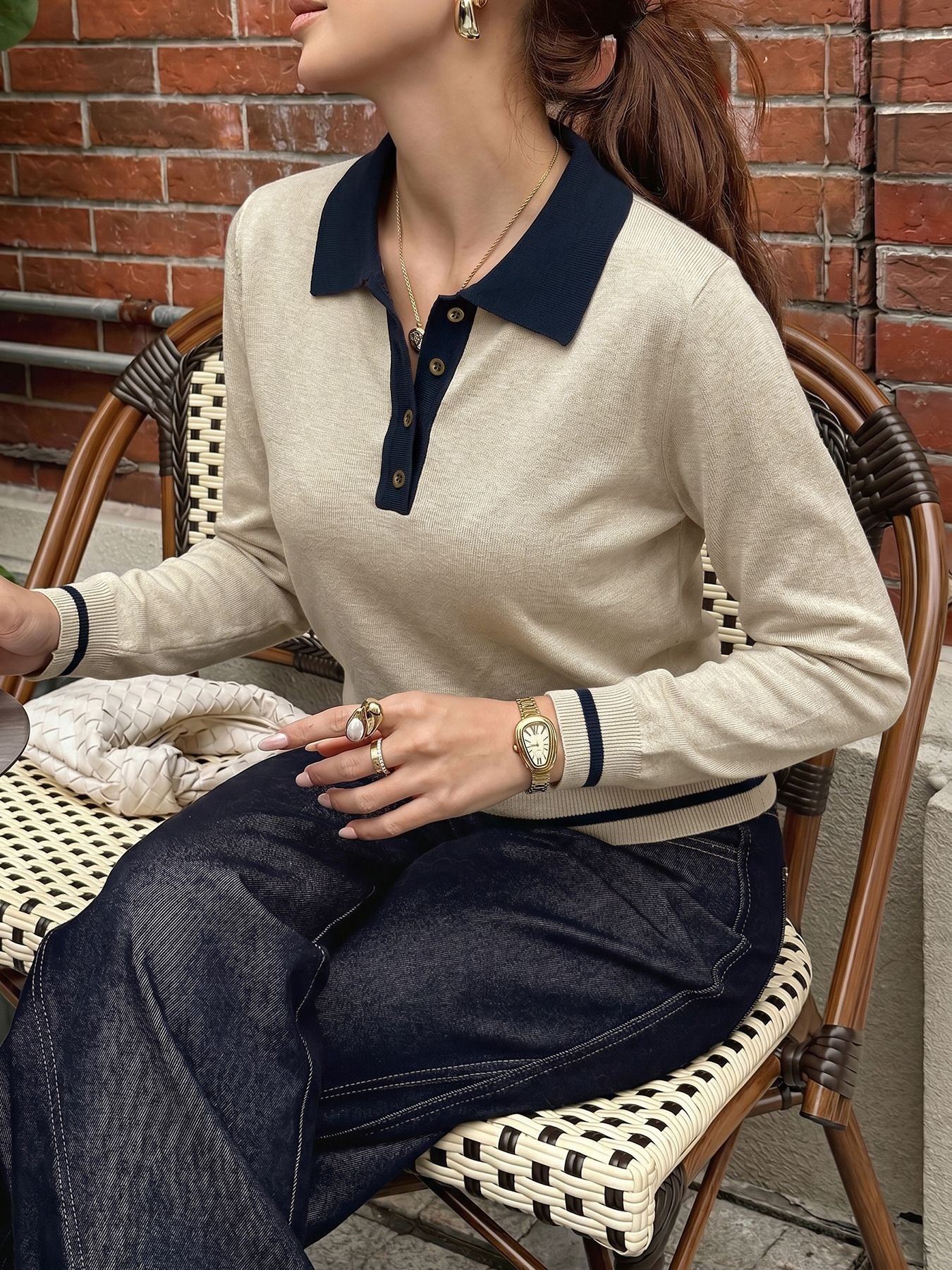 Contrast Trim Collared Knit Sweater
