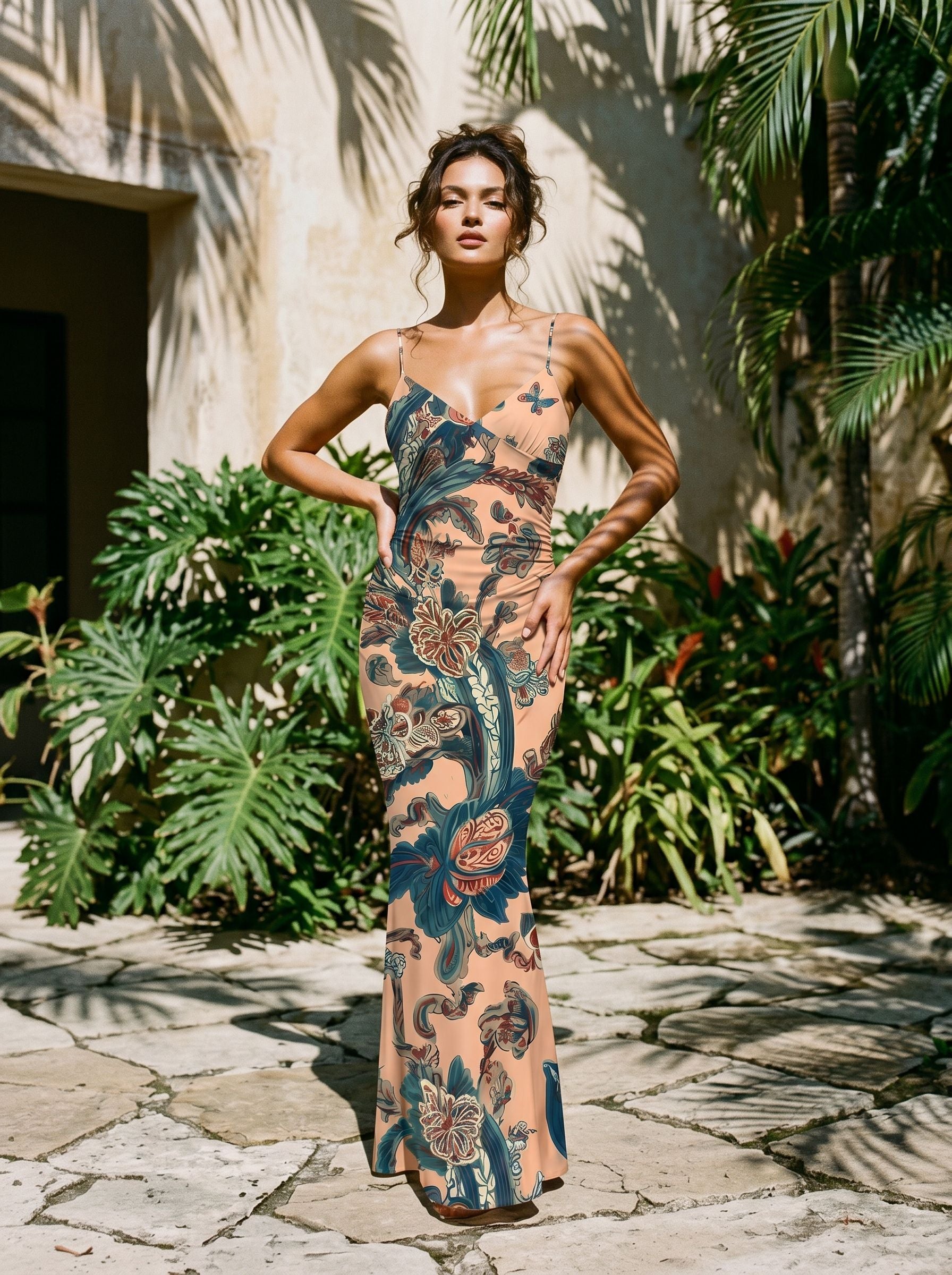 KIRA Floral Print Spaghetti Strap Bodycon Maxi Dress