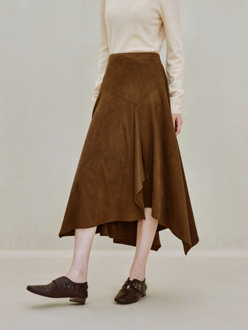 Asymmetrical Suede High Waisted Midi Skirt