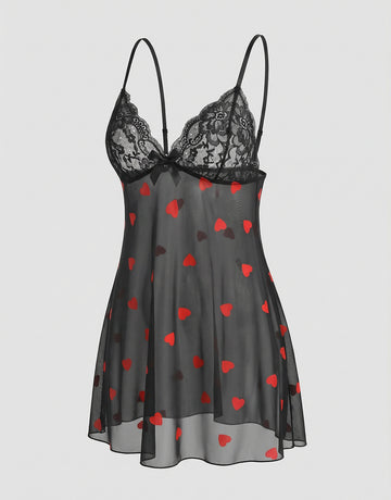 Heart Print Deep V-Neck Sexy Nightgown