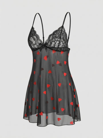 Heart Print Deep V-Neck Sexy Nightgown