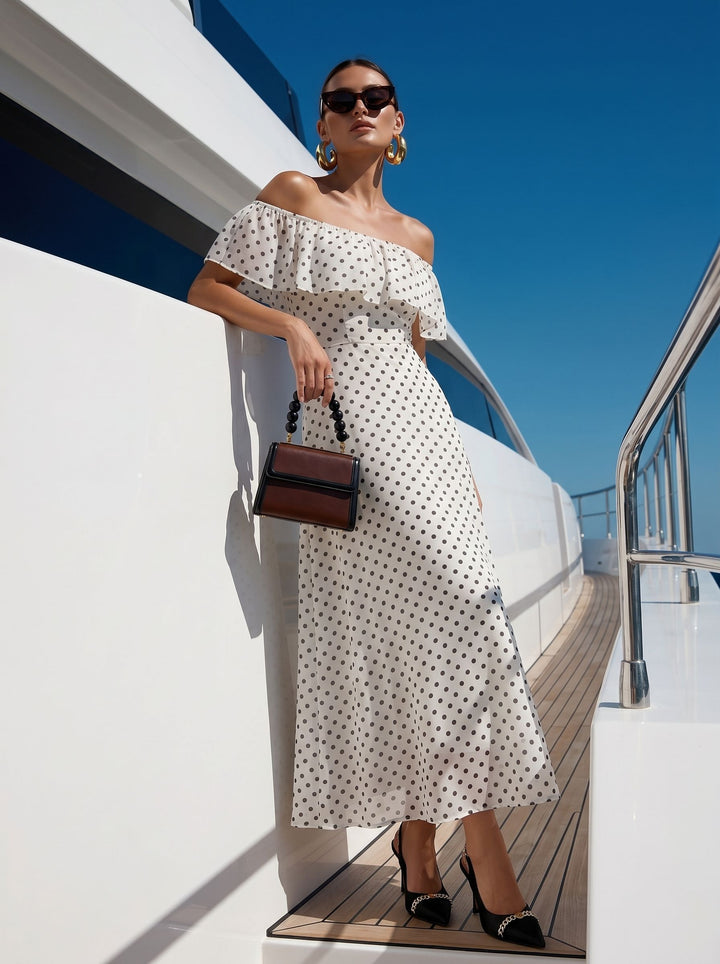 Off Shoulder Polka Dot Midi Dress